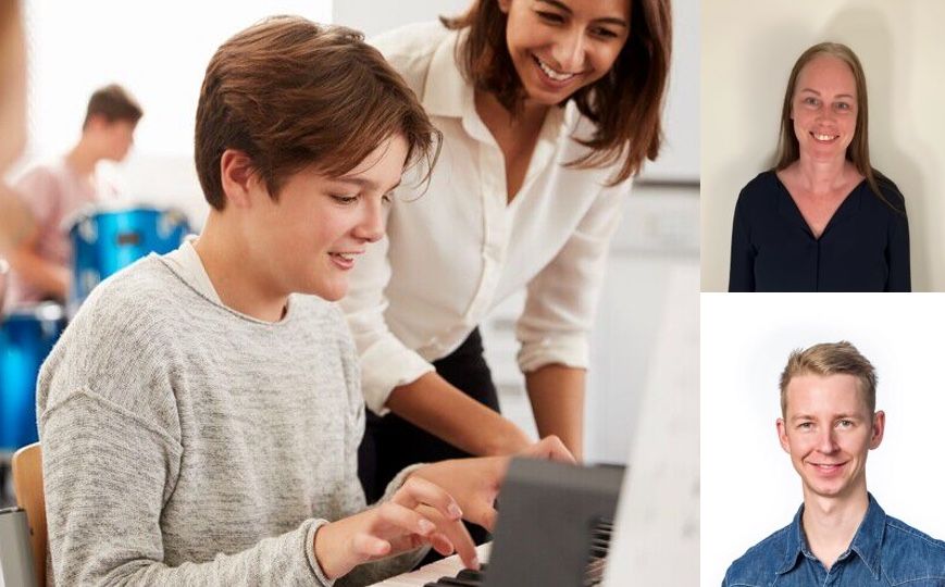 Lærer og elev som løser oppgaver sammen, samt to personer som er klippet inn i bildet