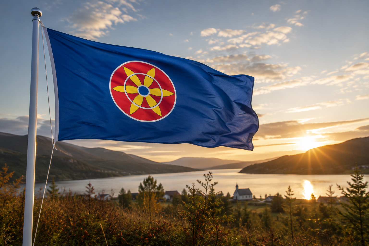 Kvensk flagg i solnedgang. Bildegenerert ved hjelp av KI.
